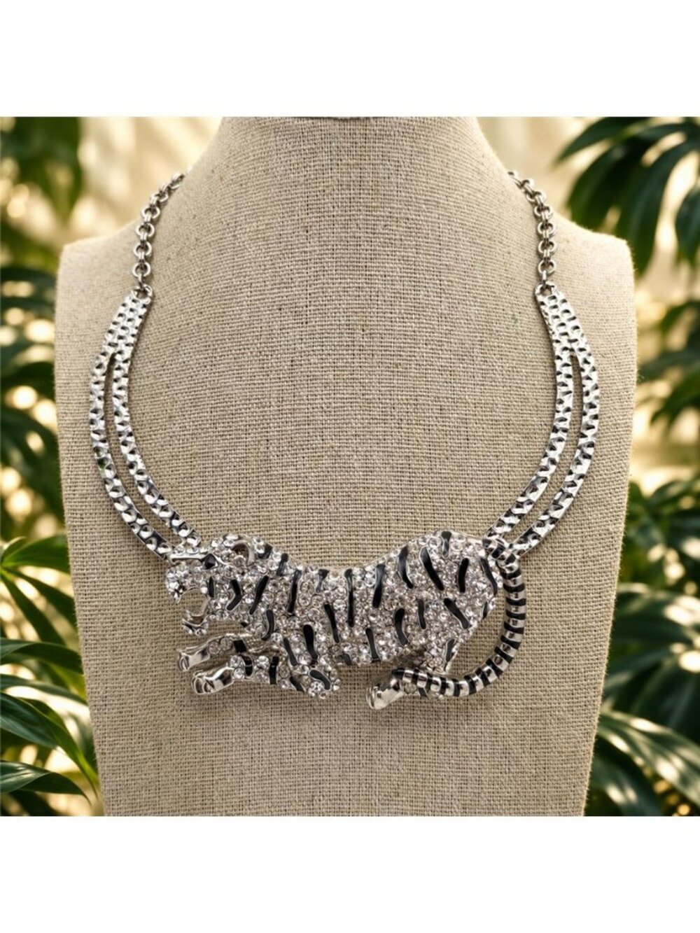 Amrita Singh Tiger Crystal Black Enamel Silver Tone Statement Bib Necklace 18 in